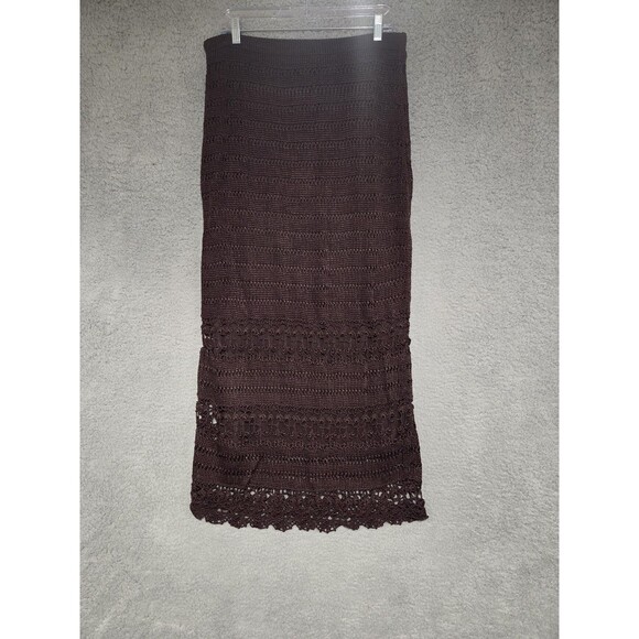 Chico's Maxi Skirt Womens 1 M Brown Chocolate Crochet Lined Elastic Waist Heavy - Picture 1 of 7